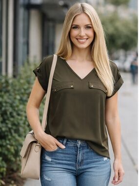Express Army Green Blouse XS | Flowy V-Neck Work Top Minimal Chic